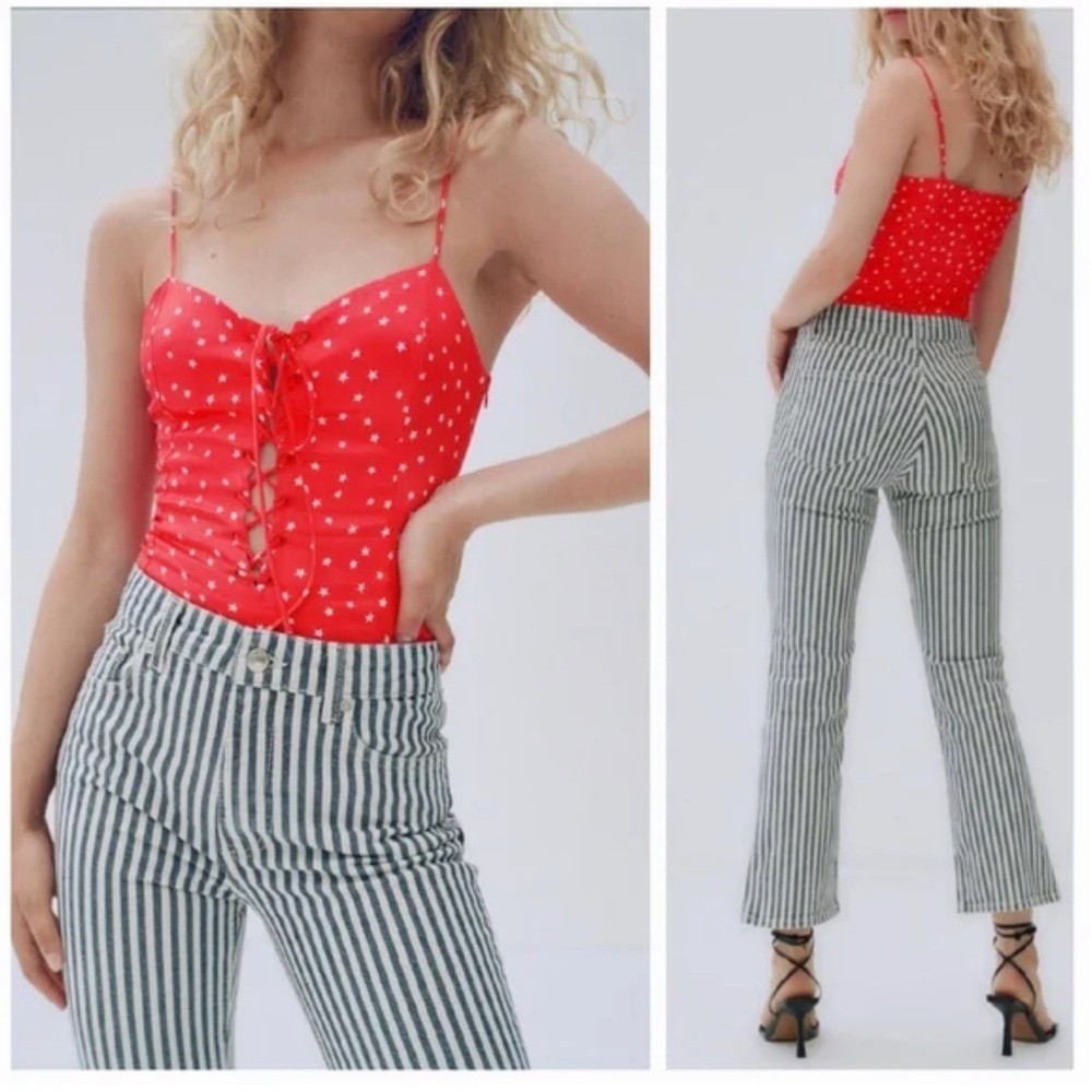 Zara NEW Star Print Lace Up Bodysuit Satin Lined Festival Adjustable Stretch Red
